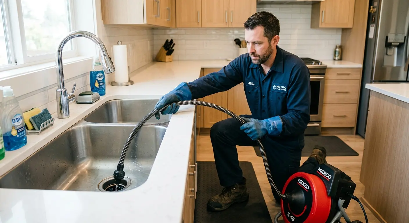 Drain cleaning technician using a motorized snake on a kitchen sink in Moore