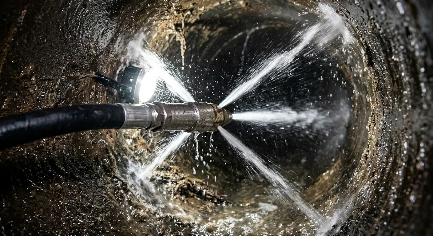 High-pressure hydro jetting nozzle cleaning sewer pipe for Trenchless Sewer Repair in Moore