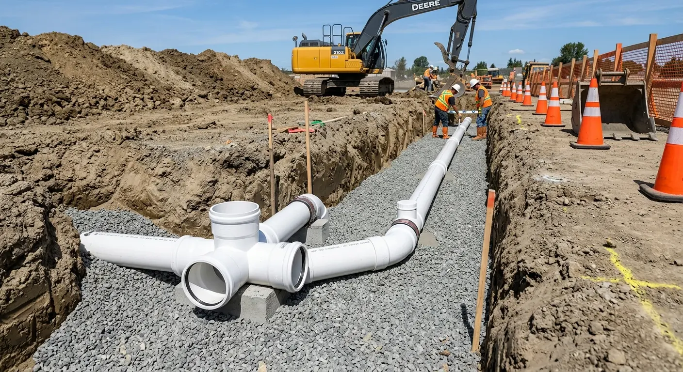 New PVC sewer pipe installation in open trench for Grease Trap Cleaning in Moore