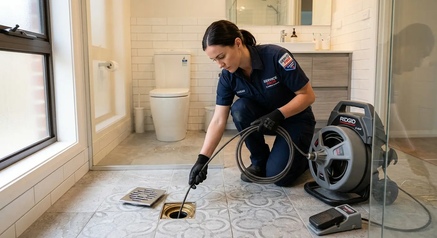 Technician clearing a bathroom floor drain for Sewer Line Replacement in Moore